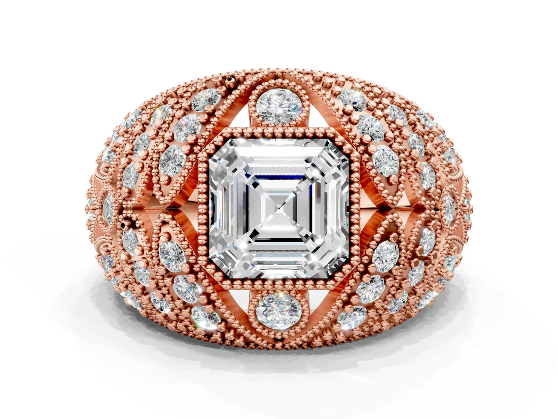 Rose gold Asscher Cut Brilliant Halo Pave Diamond Milgrain Ring_9
