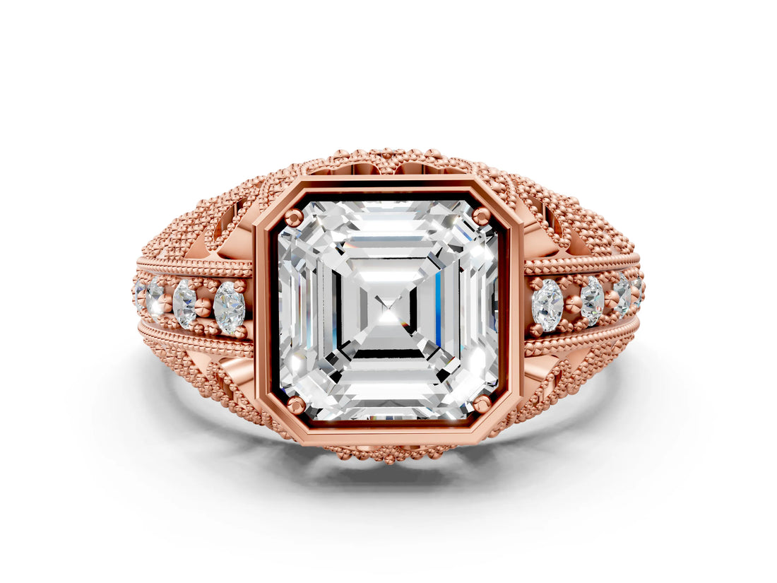 Rose gold Asscher Cut Brilliant Milgrain Filigree Diamond Ring with Square Prong Setting_13