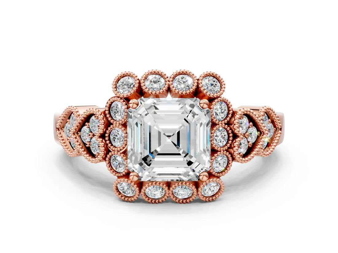 Rose gold Asscher Cut Brilliant Milgrain Pave Heart Band Solitaire Ring_3