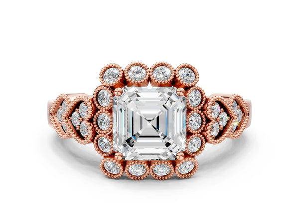 Rose Gold Asscher Cut Milgrain Halo Engagement Ring Setting