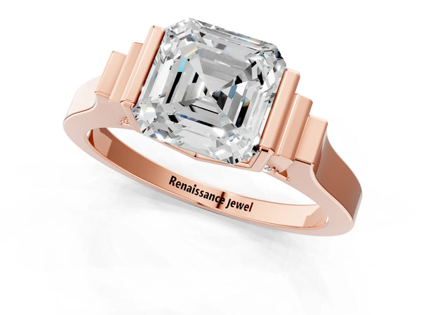 Rose gold Asscher Cut Brilliant Solitaire Diamond Ring with Channel Set Band and Bar Prong Setting