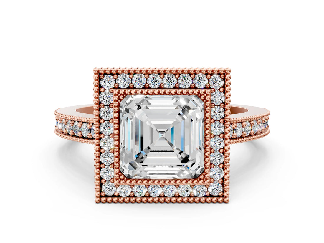 Rose gold Asscher Cut-Cut Diamond Halo Engagement Ring with Pave Band and Prong Setting_9