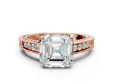Rose gold Asscher Cut Cut Diamond Milgrain Pave Band Four-Prong Setting Ring_3
