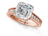 Rose gold Asscher Cut Cut Diamond Milgrain Pave Band Four-Prong Setting Ring_4