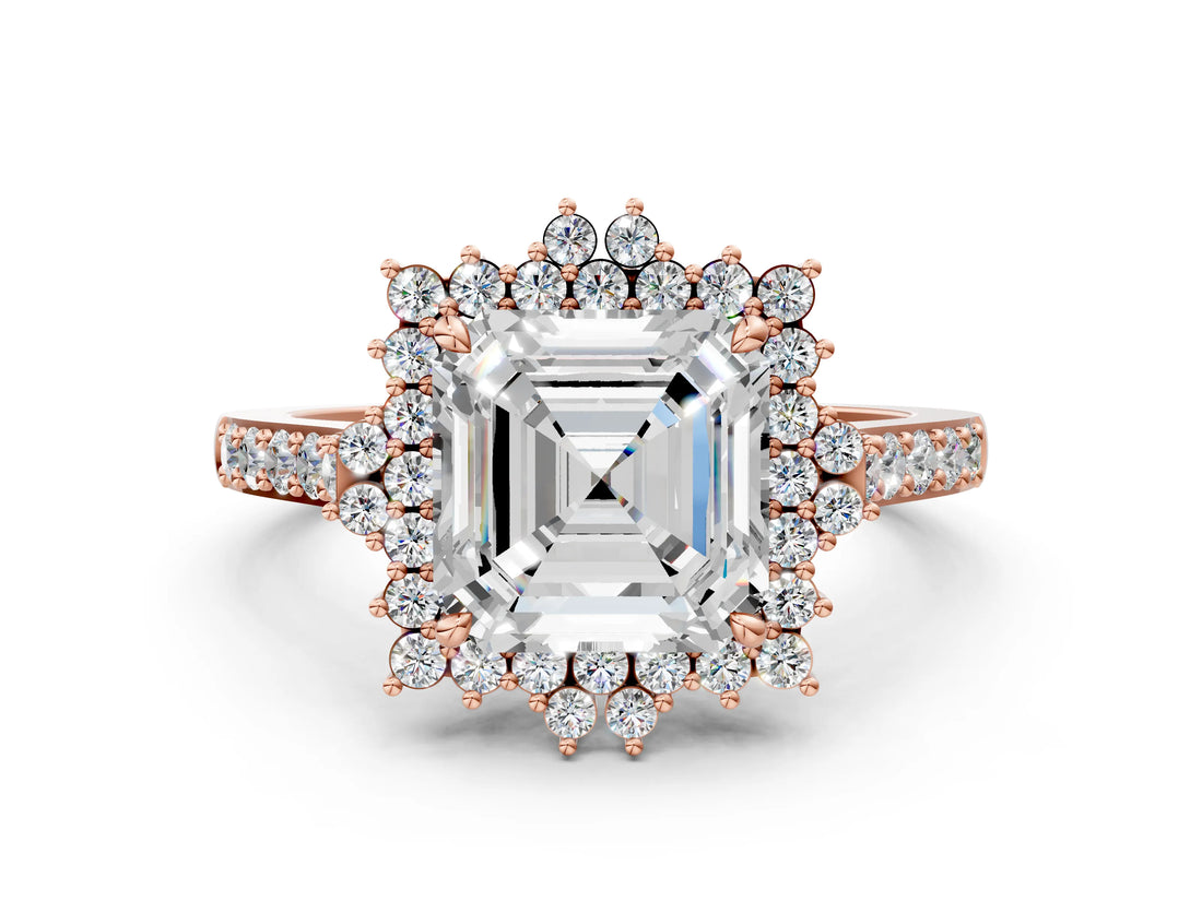 Rose gold Asscher Cut Cut Diamond Sunburst Halo Engagement Ring with Pavé Band_3