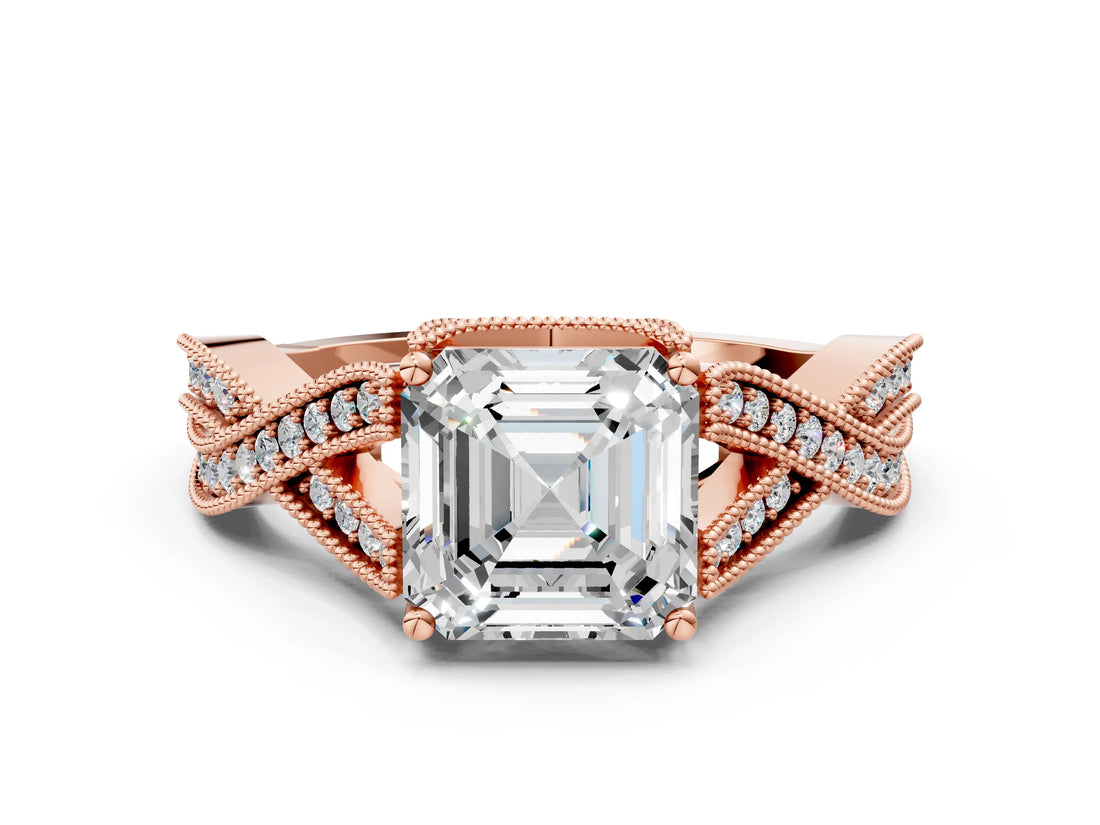 Rose gold Asscher Cut Cut Diamond Twisted Band with Milgrain Pave Setting and Four-Prong Setting_2