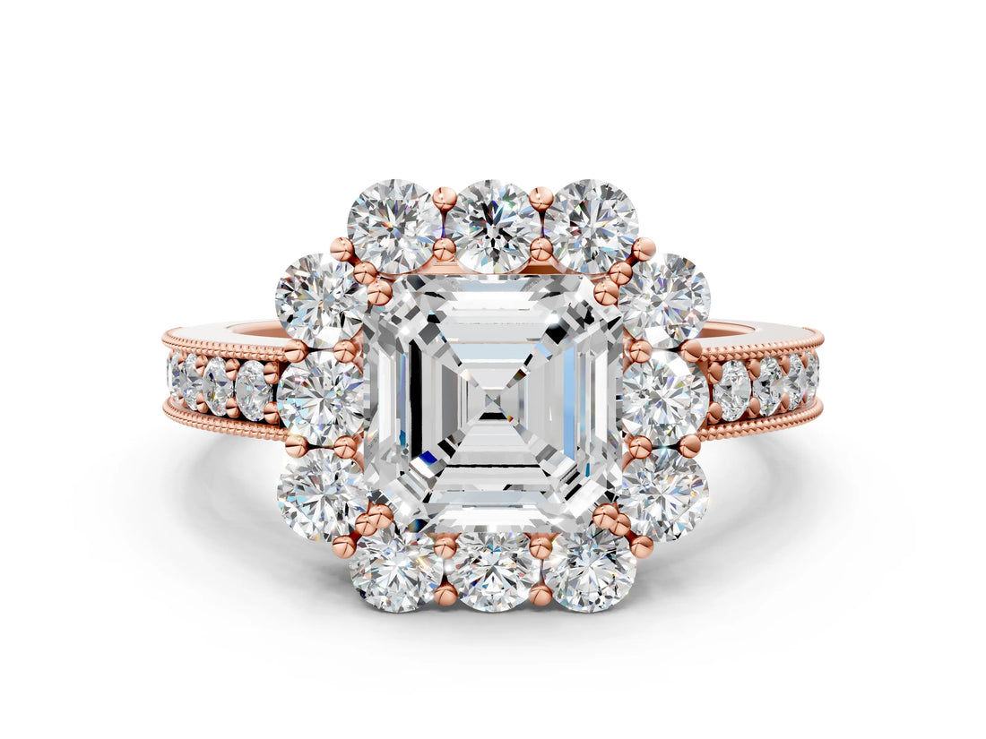 Rose gold Asscher Cut Cut Halo Diamond Pavé Engagement Ring with Milgrain Detailing_15