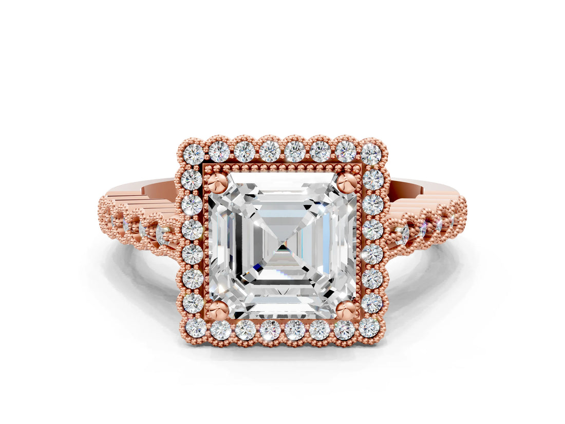 Rose gold Asscher Cut Cut Halo Pavé Solitaire Ring with Milgrain Band_3