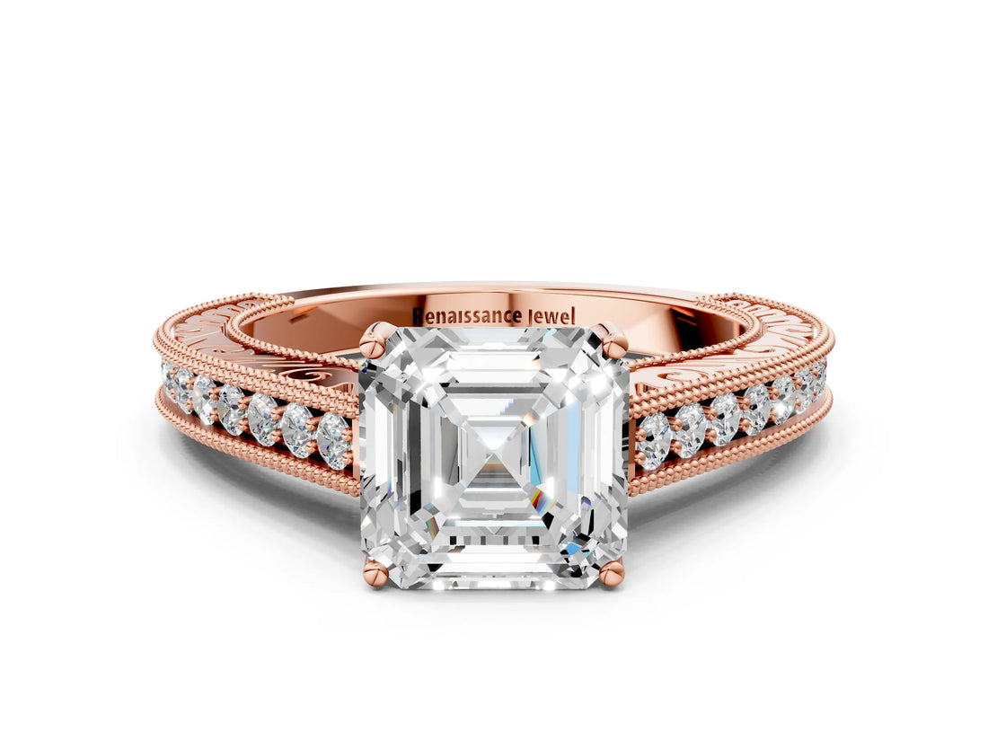 Rose gold Asscher Cut Cut Pave Band Milgrain Solitaire Ring_3