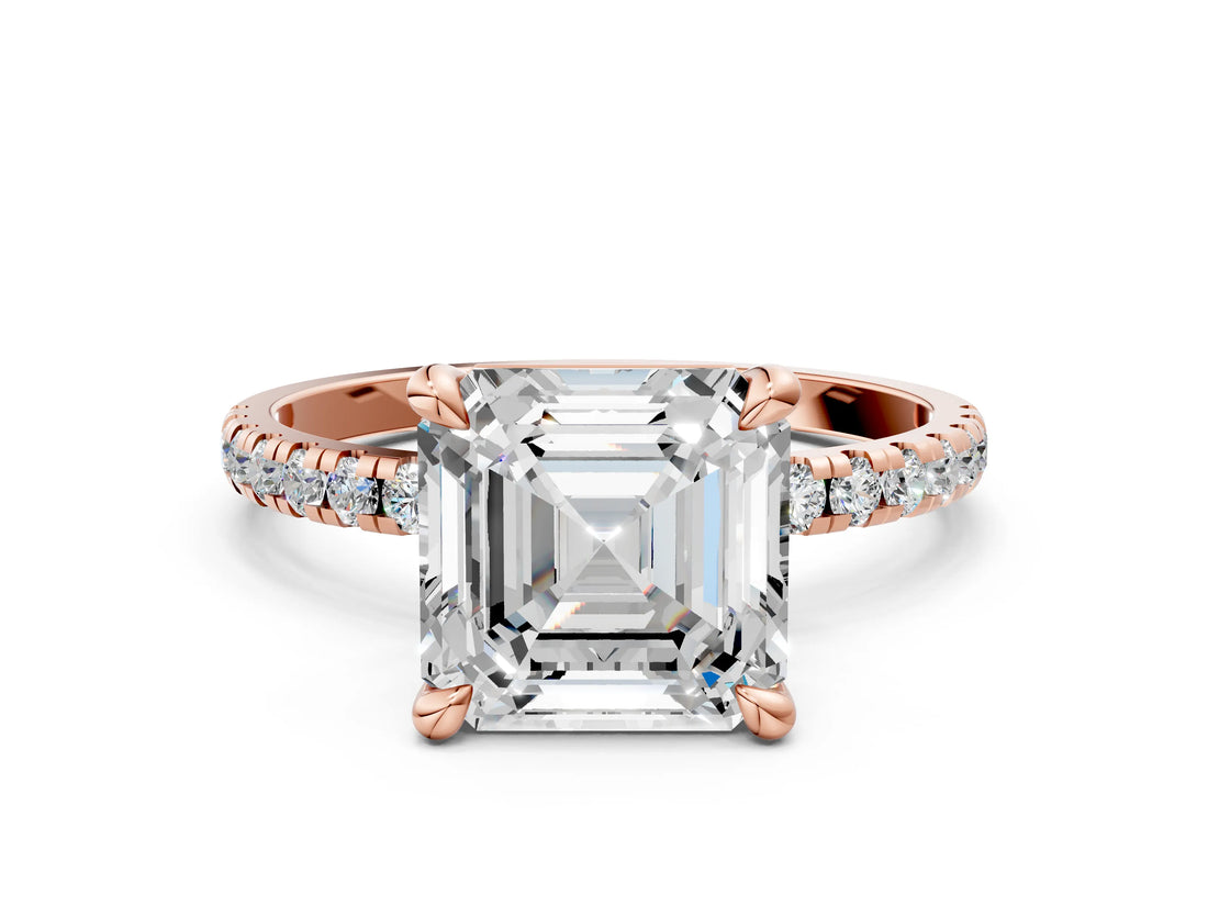 Rose gold Asscher Cut Diamond Brilliant Solitaire Ring with Pavé Band and Four-Prong Setting_15