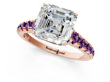 Rose gold Asscher Cut Diamond Cathedral Solitaire Ring with Round with Amethyst side stone Pavé Band_13