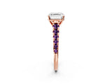 Rose gold Asscher Cut Diamond Cathedral Solitaire Ring with Round with Amethyst side stone Pavé Band_14