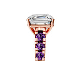 Rose gold Asscher Cut Diamond Cathedral Solitaire Ring with Round with Amethyst side stone Pavé Band_17