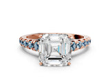 Rose gold Asscher Cut Diamond Cathedral Solitaire Ring with Round with Aquamarine side stone Pavé Band_12