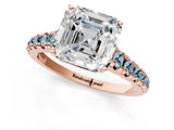 Rose gold Asscher Cut Diamond Cathedral Solitaire Ring with Round with Aquamarine side stone Pavé Band_13