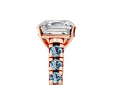 Rose gold Asscher Cut Diamond Cathedral Solitaire Ring with Round with Aquamarine side stone Pavé Band_17