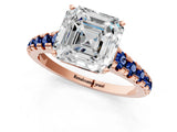 Rose gold Asscher Cut Diamond Cathedral Solitaire Ring with Round with Blue Sapphire side stone Pavé Band_13