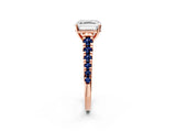 Rose gold Asscher Cut Diamond Cathedral Solitaire Ring with Round with Blue Sapphire side stone Pavé Band_14