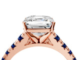 Rose gold Asscher Cut Diamond Cathedral Solitaire Ring with Round with Blue Sapphire side stone Pavé Band_16