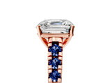 Rose gold Asscher Cut Diamond Cathedral Solitaire Ring with Round with Blue Sapphire side stone Pavé Band_17