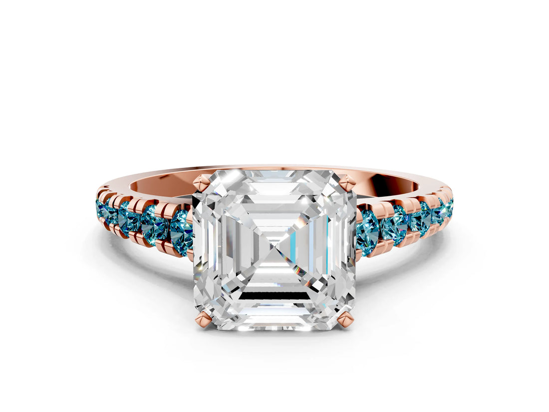 Rose gold Asscher Cut Diamond Cathedral Solitaire Ring with Round with Blue Topaz side stone Pavé Band