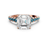 Rose gold Asscher Cut Diamond Cathedral Solitaire Ring with Round with Blue Topaz side stone Pavé Band