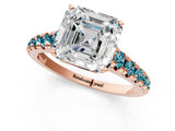 Rose gold Asscher Cut Diamond Cathedral Solitaire Ring with Round with Blue Topaz side stone Pavé Band_1