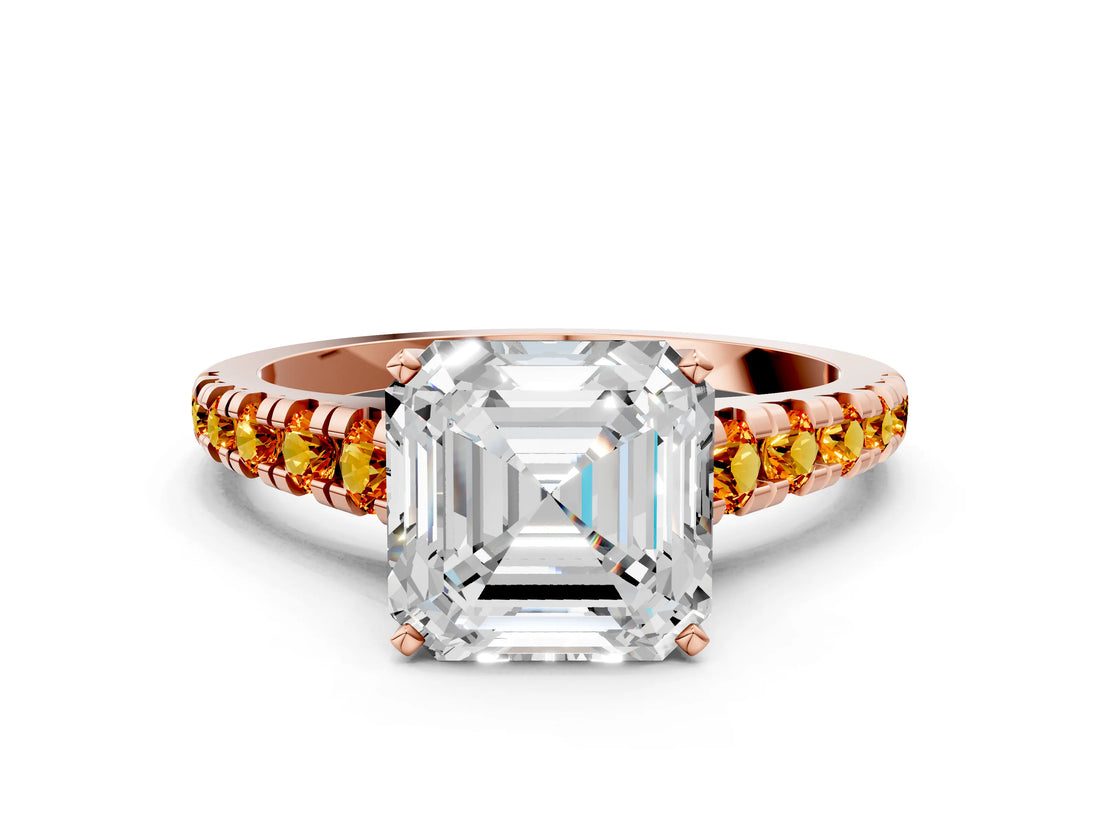 Rose gold Asscher Cut Diamond Cathedral Solitaire Ring with Round with Citrine side stone Pavé Band_24