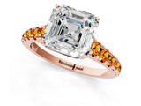 Rose gold Asscher Cut Diamond Cathedral Solitaire Ring with Round with Citrine side stone Pavé Band_25