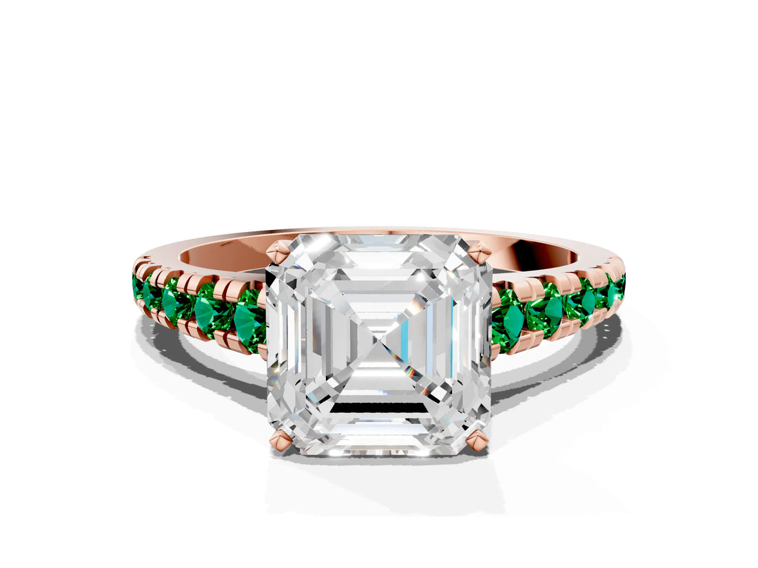Rose gold Asscher Cut Diamond Cathedral Solitaire Ring with Round with Emerald side stone Pavé Band