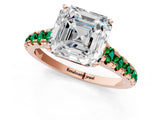 Rose gold Asscher Cut Diamond Cathedral Solitaire Ring with Round with Emerald side stone Pavé Band_1