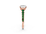 Rose gold Asscher Cut Diamond Cathedral Solitaire Ring with Round with Emerald side stone Pavé Band_2