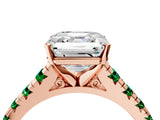 Rose gold Asscher Cut Diamond Cathedral Solitaire Ring with Round with Emerald side stone Pavé Band_4