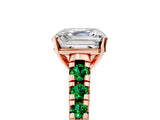 Rose gold Asscher Cut Diamond Cathedral Solitaire Ring with Round with Emerald side stone Pavé Band_5