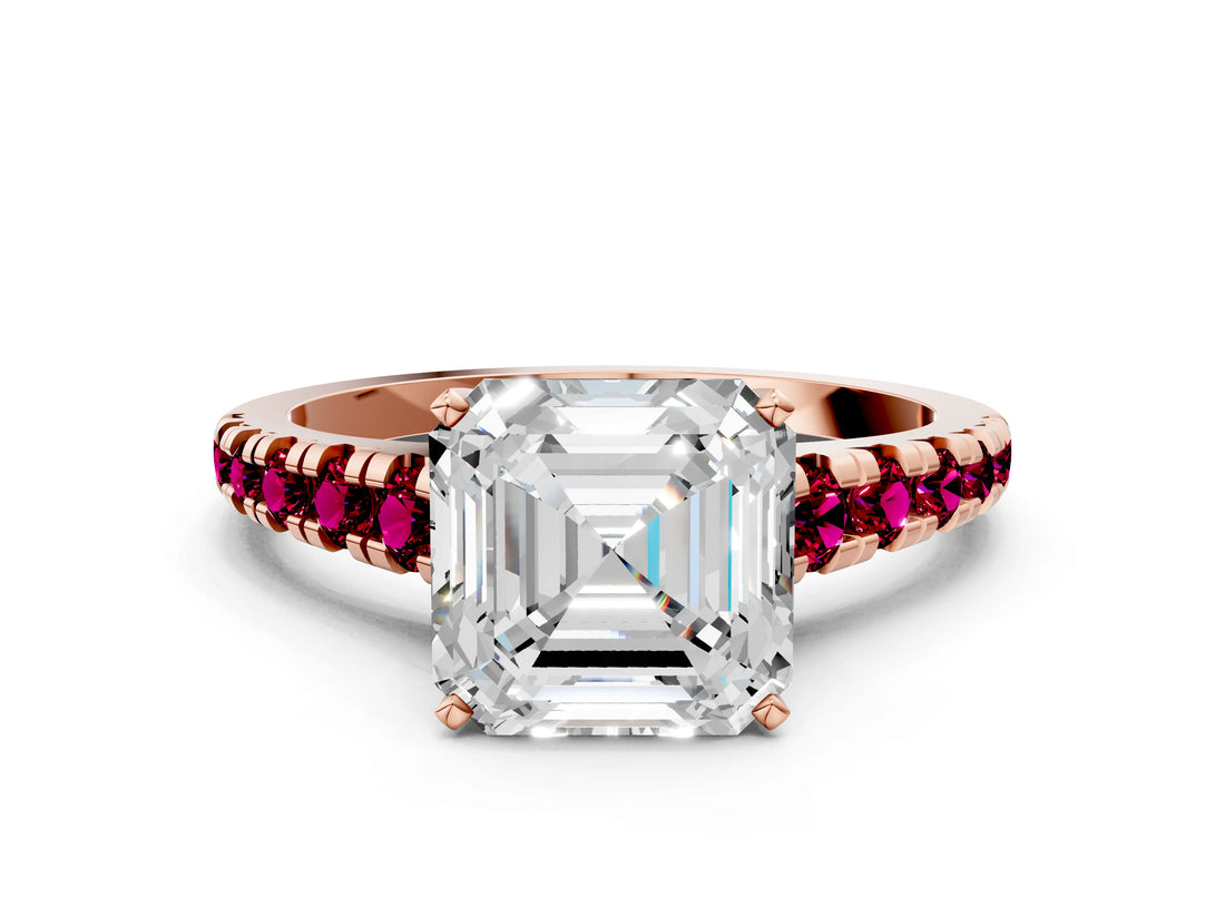 Rose gold Asscher Cut Diamond Cathedral Solitaire Ring with Round with Garnet side stone Pavé Band_12