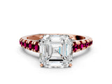 Rose gold Asscher Cut Diamond Cathedral Solitaire Ring with Round with Garnet side stone Pavé Band_12