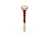 Rose gold Asscher Cut Diamond Cathedral Solitaire Ring with Round with Garnet side stone Pavé Band_14