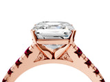 Rose gold Asscher Cut Diamond Cathedral Solitaire Ring with Round with Garnet side stone Pavé Band_16