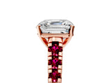 Rose gold Asscher Cut Diamond Cathedral Solitaire Ring with Round with Garnet side stone Pavé Band_17