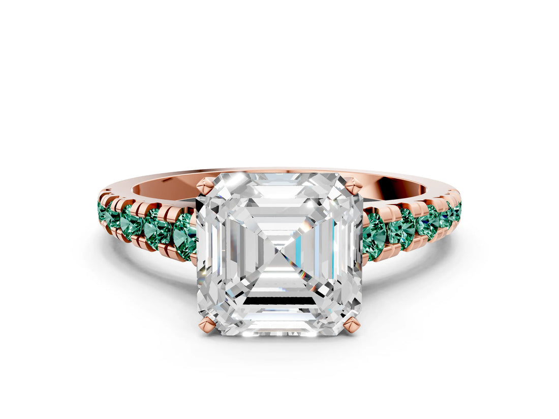 Rose gold Asscher Cut Diamond Cathedral Solitaire Ring with Round with Green Sapphire side stone Pavé Band_12
