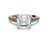 Rose gold Asscher Cut Diamond Cathedral Solitaire Ring with Round with Green Sapphire side stone Pavé Band_12