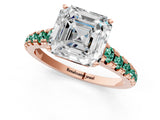 Rose gold Asscher Cut Diamond Cathedral Solitaire Ring with Round with Green Sapphire side stone Pavé Band_13