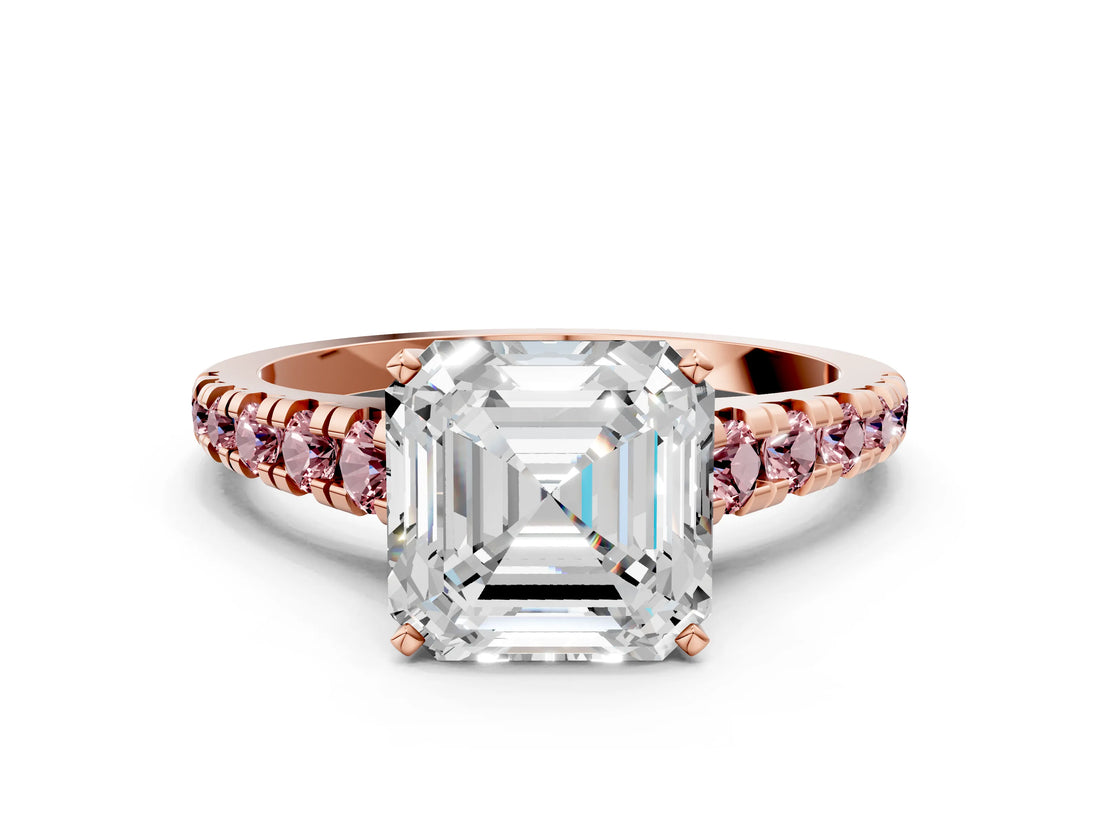 Rose gold Asscher Cut Diamond Cathedral Solitaire Ring with Round with Morganite side stone Pavé Band_12