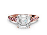 Rose gold Asscher Cut Diamond Cathedral Solitaire Ring with Round with Morganite side stone Pavé Band_12