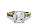 Rose gold Asscher Cut Diamond Cathedral Solitaire Ring with Round with Peridot side stone Pavé Band
