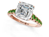 Rose gold Asscher Cut Diamond Cathedral Solitaire Ring with Round with Peridot side stone Pavé Band_1