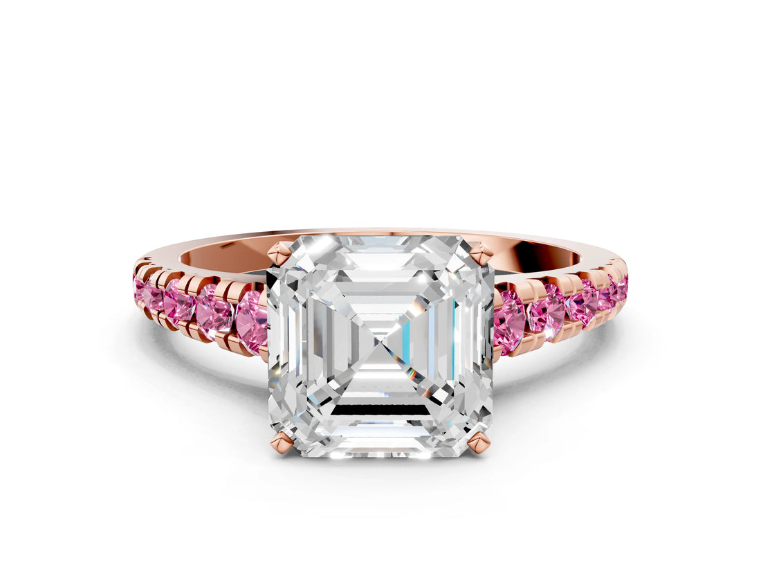 Rose gold Asscher Cut Diamond Cathedral Solitaire Ring with Round with Pink Sapphire side stone Pavé Band_12