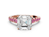Rose gold Asscher Cut Diamond Cathedral Solitaire Ring with Round with Pink Sapphire side stone Pavé Band_12