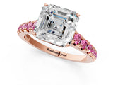 Rose gold Asscher Cut Diamond Cathedral Solitaire Ring with Round with Pink Sapphire side stone Pavé Band_13