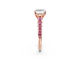Rose gold Asscher Cut Diamond Cathedral Solitaire Ring with Round with Pink Sapphire side stone Pavé Band_14